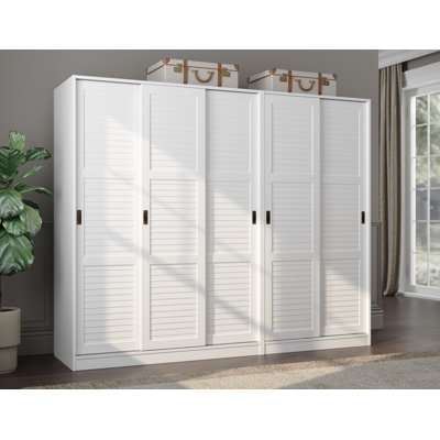 Pouerie 100% Solid Wood 5-Closed Louvered Sliding Door Wardrobe Armoire