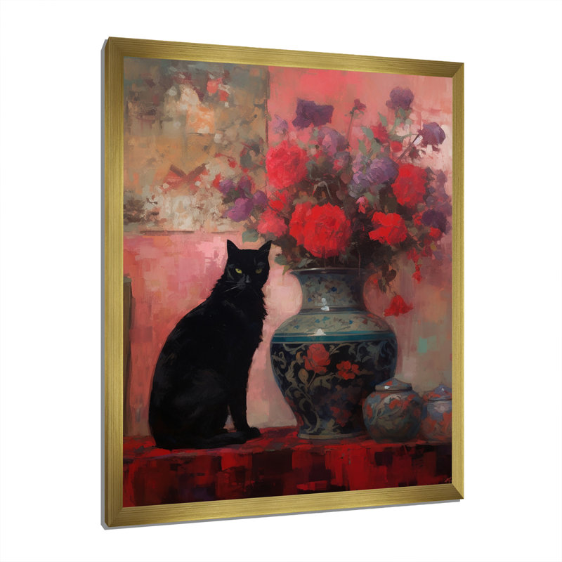 Peinture d'un chat noir avec vase rouge, Cadre doré à une seule photo, H 20 po x l 12 po x P 1 po