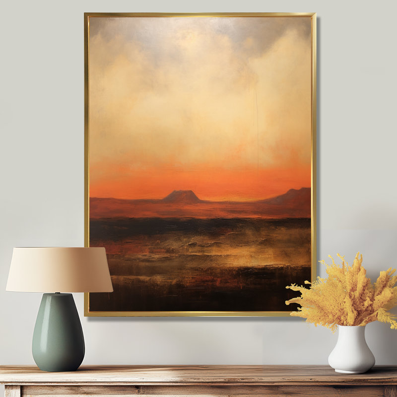 Impressionniste orange coucher de soleil montagnes - paysage abstrait art mural salon, Cadre doré flottant, bois massif