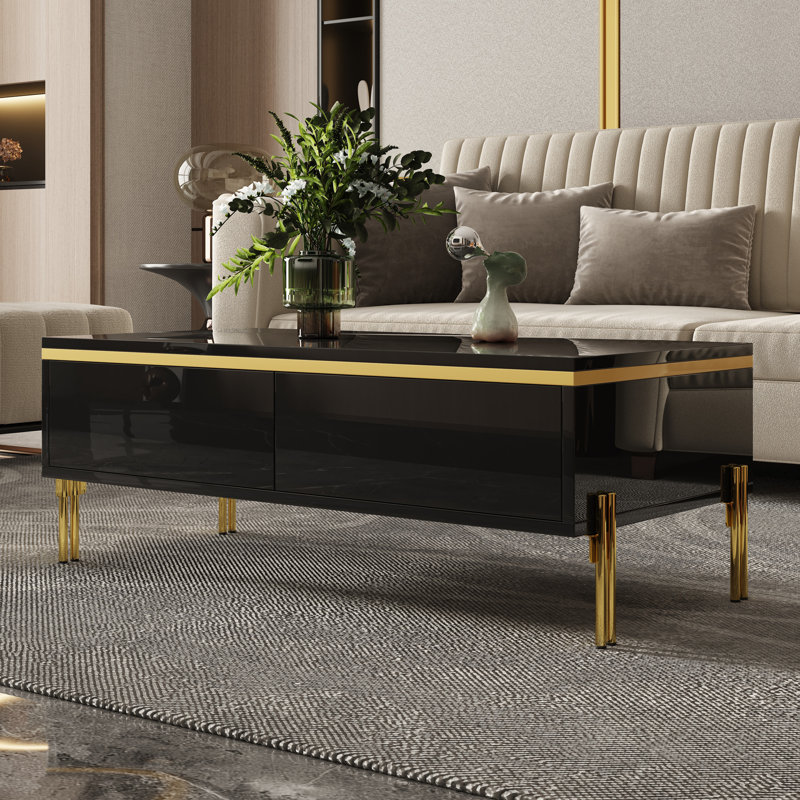 100cm Coffee Table High Gloss 2 Drawers Storage Gold Metal Legs Tea Accent End Units Living Room Lounge Furniture Base, Black