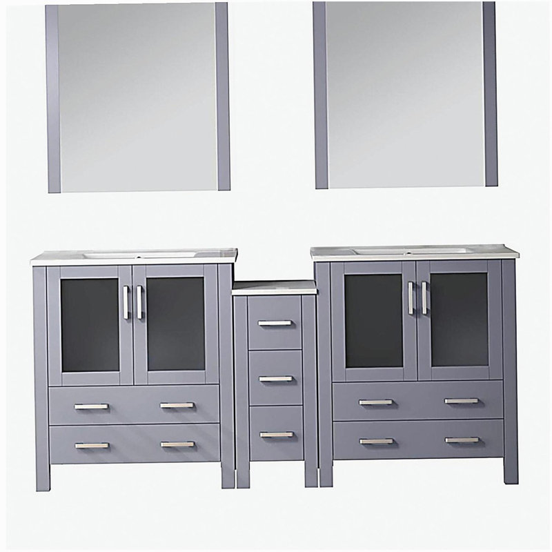 Meuble-lavabo double avec armoire latérale, comptoir en céramique blanche et miroir, 72"