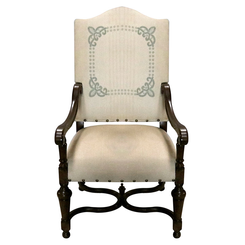 Upholstered Armchair, Dark Brown Wood, Beige Geometric Polyester Blend