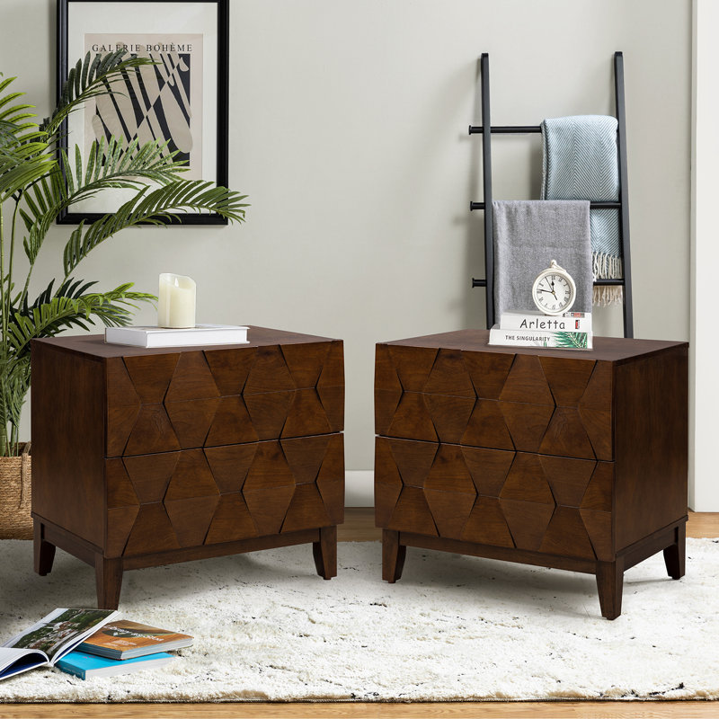 Iasiah Midcentury Modern 26''W 2-Drawer End Table with Charging Station and Solid Wood Legs, Walnut