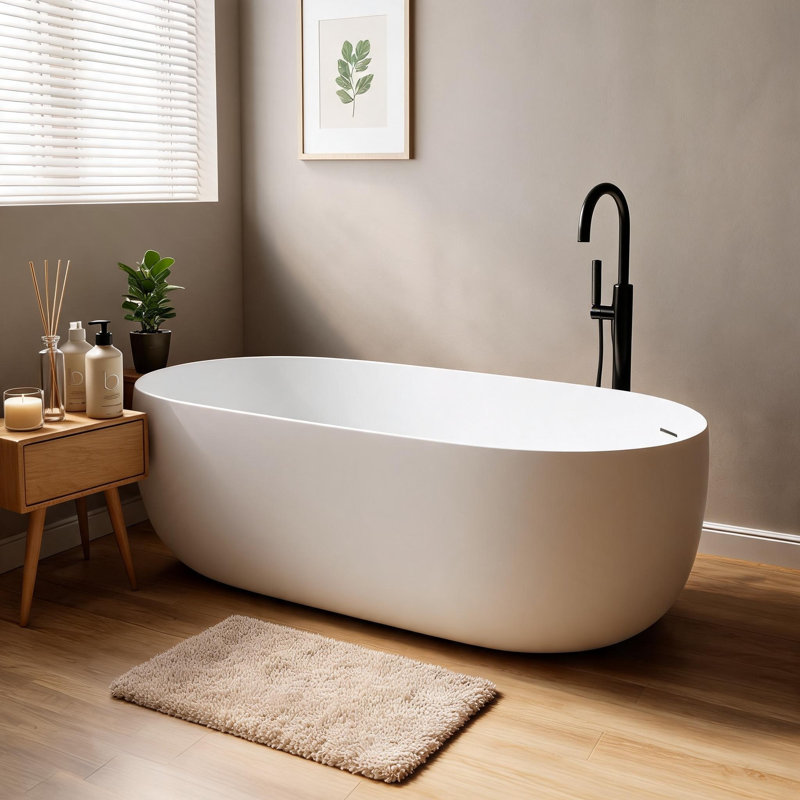 47 in. Freestanding Solid Surface Resin Stone Soaking Bathtub with Pop Up Drain, Overflow and Compact Modern Design
