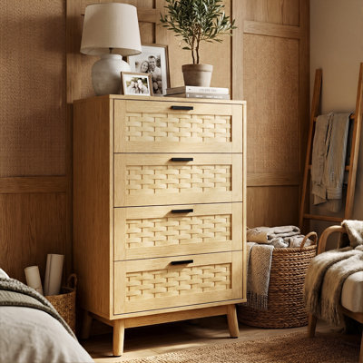 55cm Narrow 4-Drawer Chest with Faux Rattan Panel, Japandi Slim PVC Woven Dresser with Solid Rubberwood Legs & Anti-Tip Device,  Oak / Black