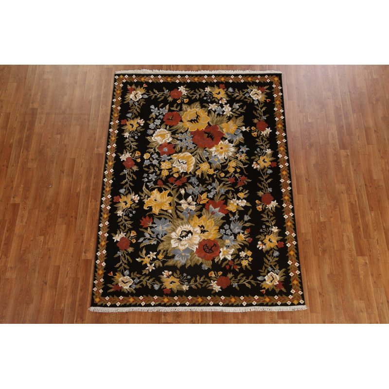 Tapis doré / noir / brun en laine noué à la main de conception unique 5 pi 5 po x 7 pi 6 po