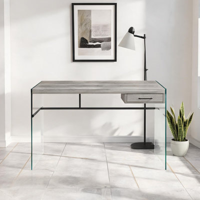 48-Inch Computer Desk with Storage Drawers, Clear Tempered Glass Base and Neutral Gray Laminate Top, Contemporary