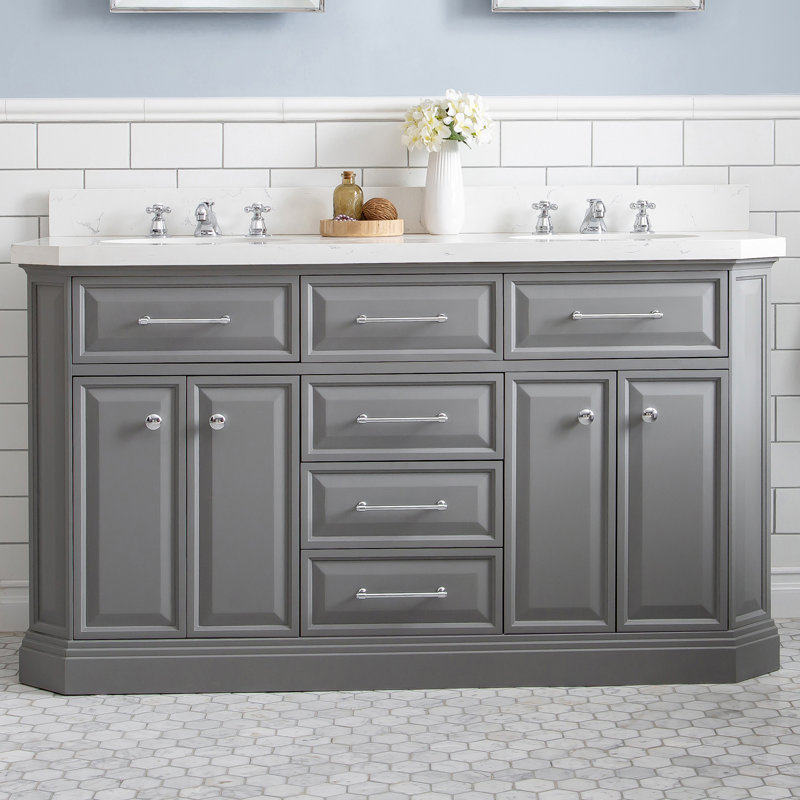 60" Palace Collection Quartz Carrara Cashmere Grey Bathroom Vanity Set With Hardware And F2-0009 Faucets in Chrome Finish