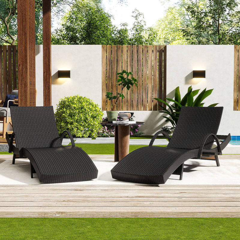 All-Weather Wicker Patio Chaise Lounge Set with Pull-Out Side Table and Adjustable Backrest, Dark Brown