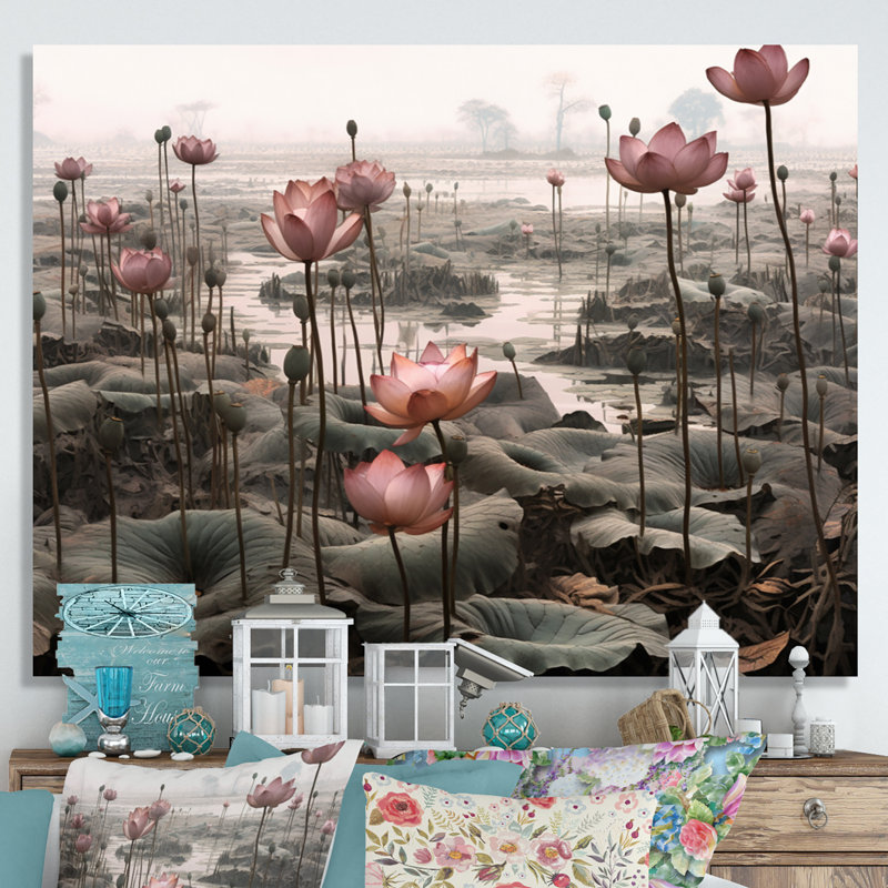«Grey Pink Lotus Pond» sur toile par John Audubon, H 16 po x l 32 po x P 1 po, Toile tendue