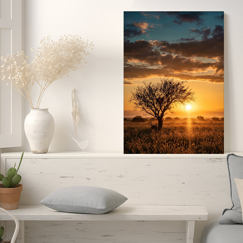 Silhouette d'art arbre sur toile, ciel coucher de soleil doré, H 36 po x l 24 po