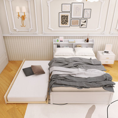 Wood Frame Full Bed With Trundle Bed,Bookcase