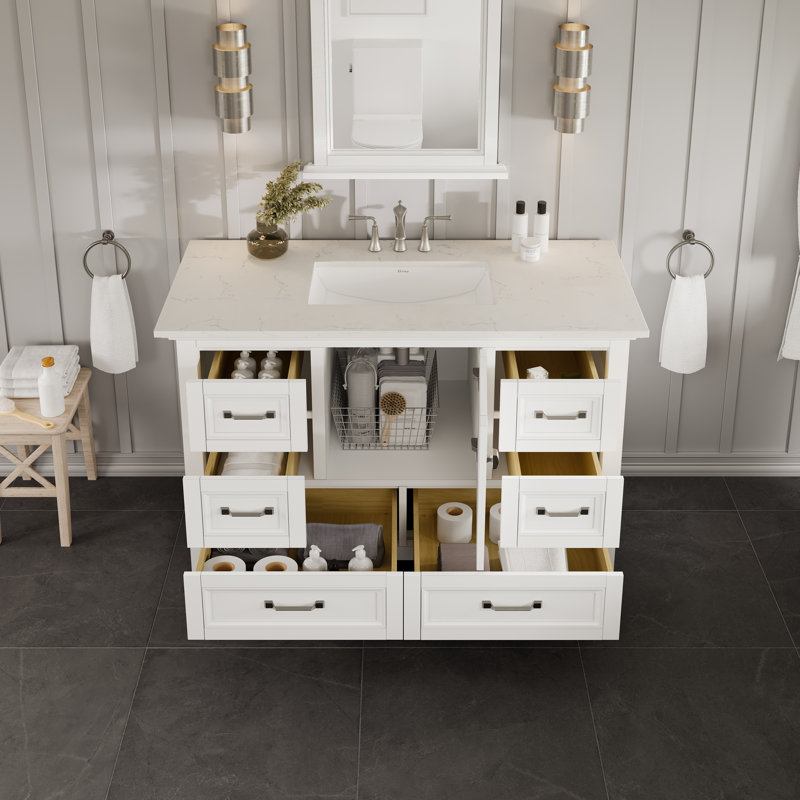 Glebs 42"W x 22"D Bathroom Vanity with Undermount Porcelain Sink, Quartz - White Carrara, White