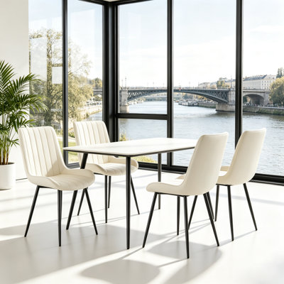 Modern Dining Chairs Set of 4, Upholstered Faux Leather Kitchen Chairs with Vertical Stitching Backrest, Metal Legs Armless Side Chairs, Mid-Century Modern Accent Chairs for Dining Room Kitchen Living Room, Dark Gray / Beige Optional
