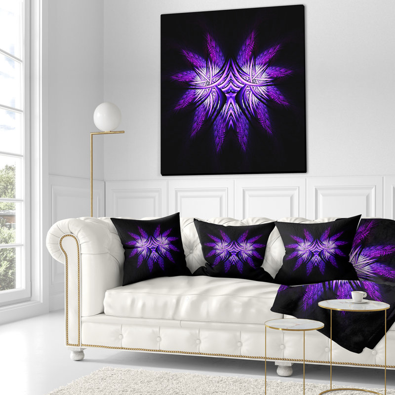 Mauve vif en fleur fractale noire - coussin imprimé abstrait, 16 po x 1 po, Coussin décoratif