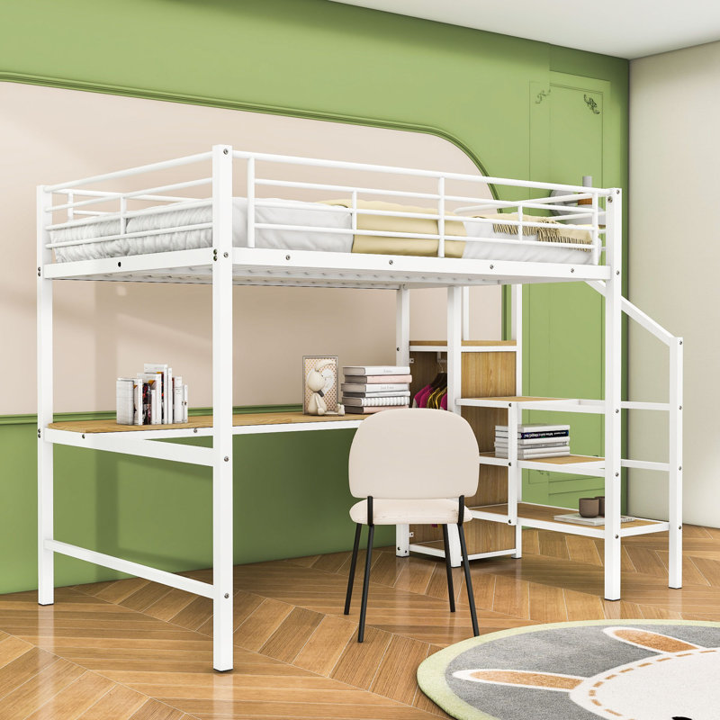 Patrie Kids Full Size Metal Loft Bed with Desk and Small Wardrobe