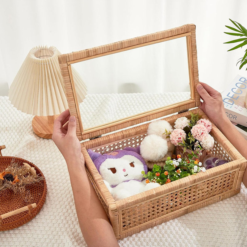 Natural Rattan and Cane Stackable Boxes with Glass Lids
