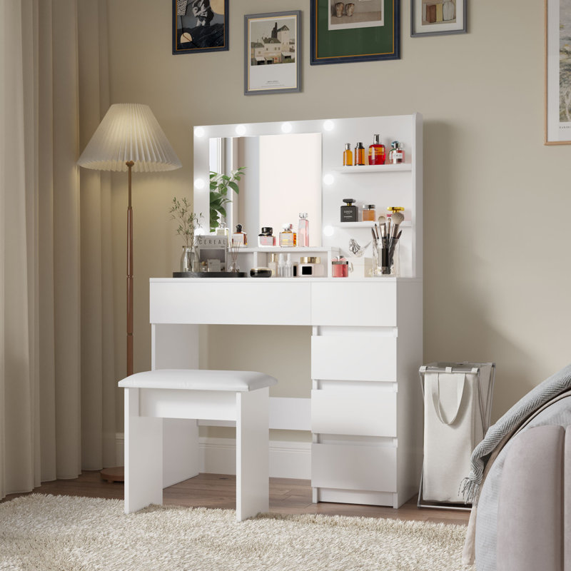 Makeup Vanity Desk Set with Mirror, Lights, and Storage with Power Strip