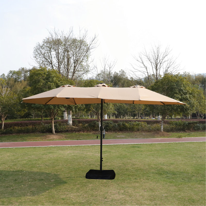 Grand parasol rectangulaire double 15 x 9 pi pour l'extérieur avec lumière et base, Taupe