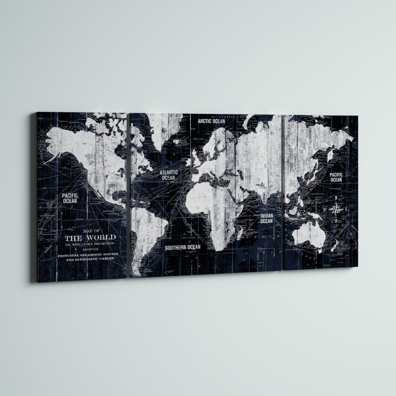 Arkadiusz Old World Map - Reproduction d'art graphique sur toile tendue à pièces multiples, H 40 po x l 80 po x P 1,5 po