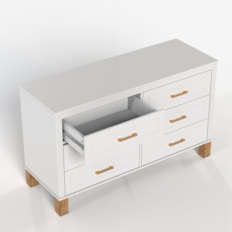 Commode double 6 tiroirs avec poignées en métal et pieds en bois massif, White