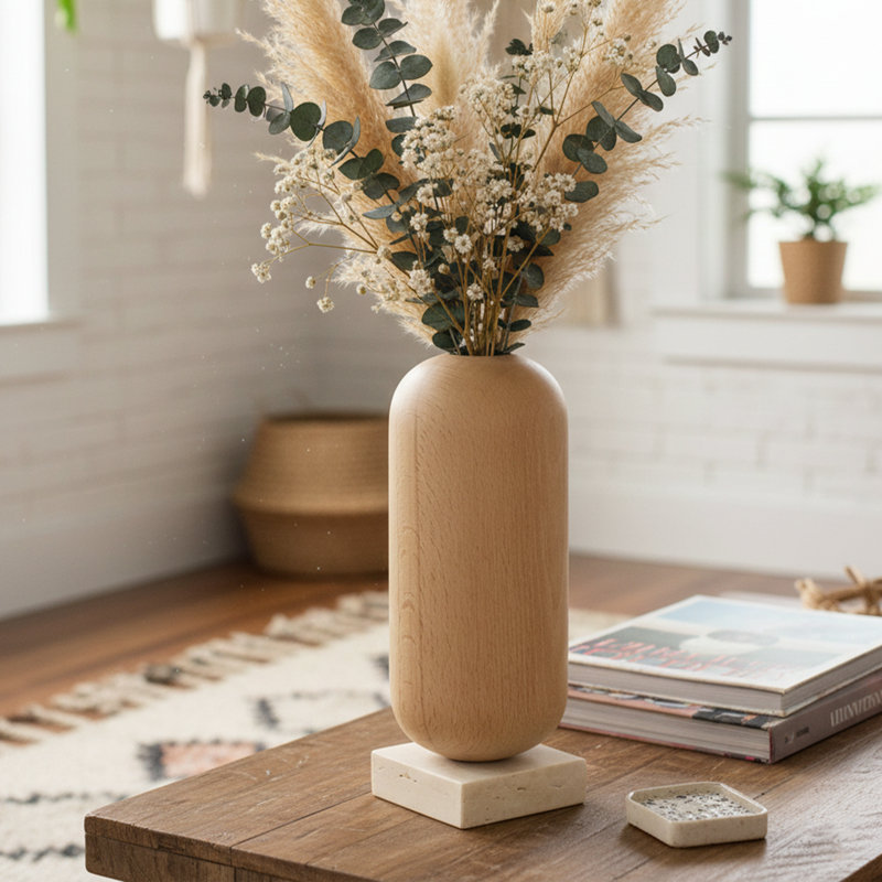 Vase en céramique de rotin naturel avec tube en verre et support en travertin