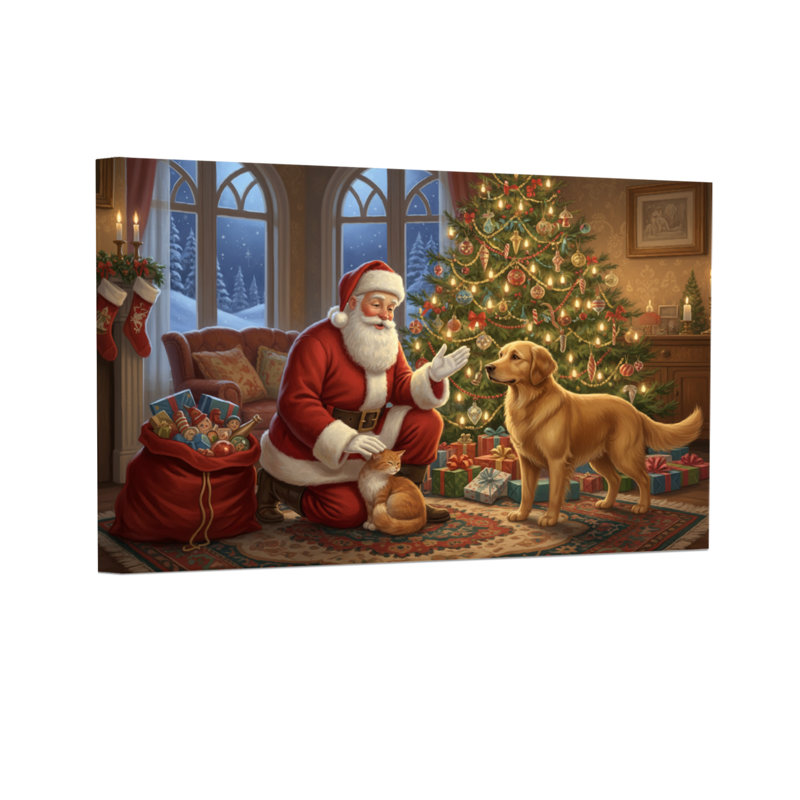 Père Noël avec un chien et un chat près de l'arbre de Noël, H 16 po x l 24 po