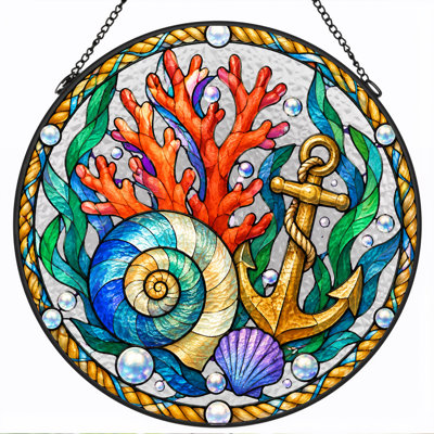 Golden Anchor And Seashells In Stained Glass Circle Canvas Wall Art