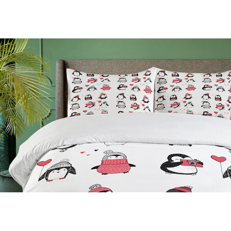 Penguin Print Dark Coral and White Microfiber Queen Duvet Set