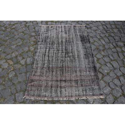 Handwoven Vintage Turkish Black Rug - Small Antique Bathroom Mat with Distinctive Charm