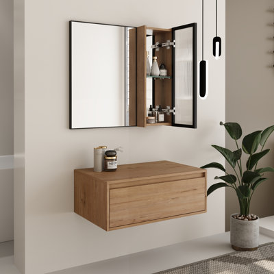 Ensemble de meuble-lavabo mural avec miroir et cadre noir avec étagère 30 po Yorenth - Table de maquillage flottante 30 po sans lavabo