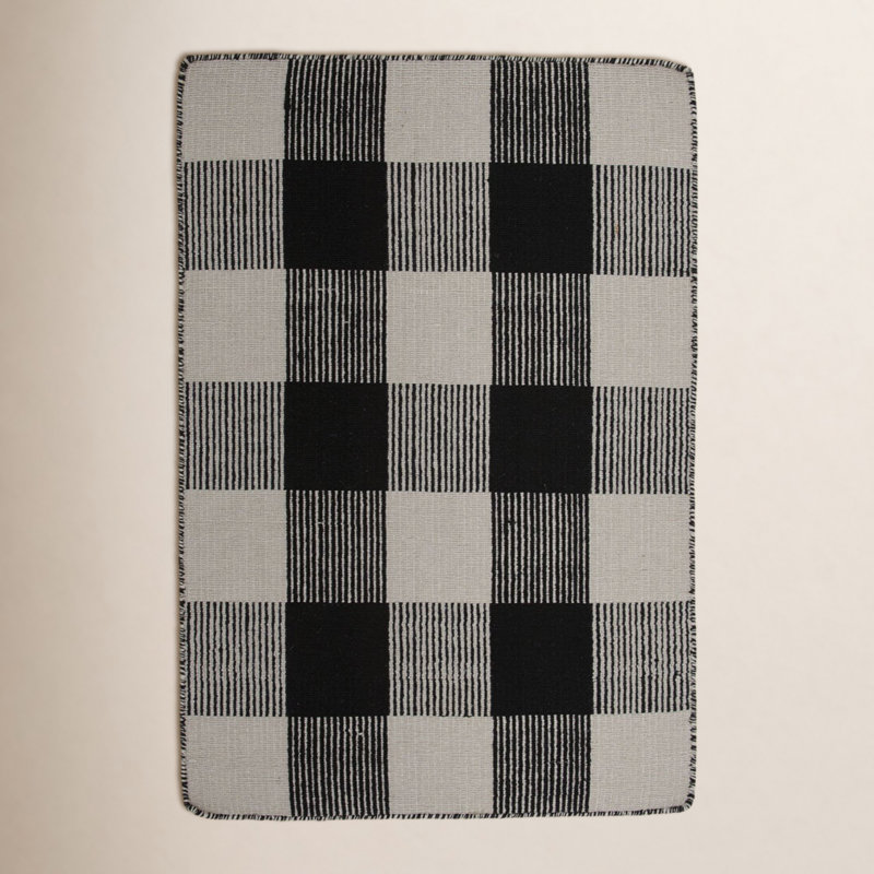 Charliss Gingham Machine Woven Flatweave Shag Wool Area Rug, Rectangle 2' x 3', Light Gray/Black