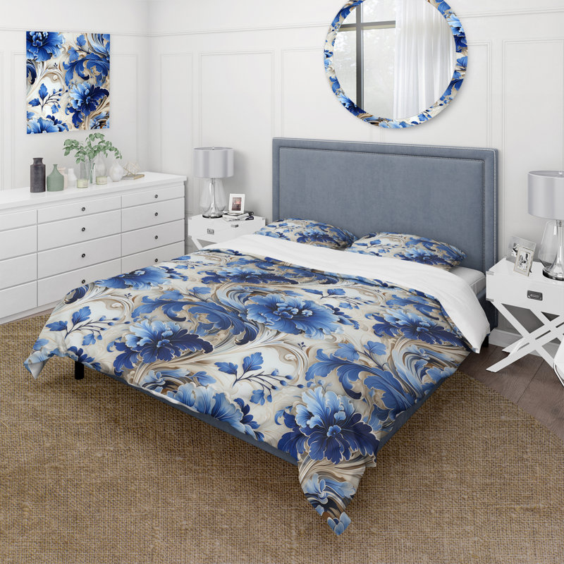 Ensemble de housse de couette Majestic Cobalt Scrolls Victorian, Housse de couette pour très grand lit et 2 très