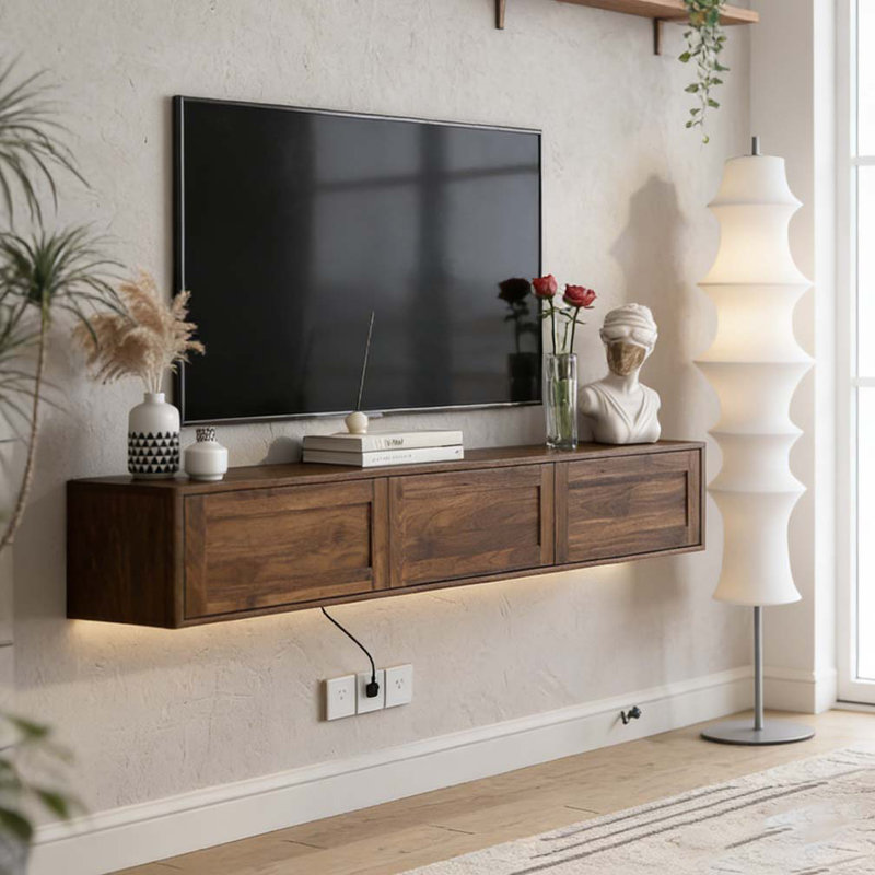 Meuble télé flottant, étagère murale avec lumières DEL, Bois
