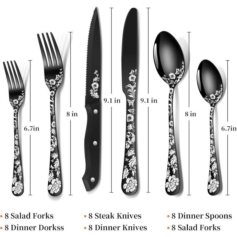 Ensemble de 48 couverts noirs avec couteau à steak, couverts noirs pour 8, ensemble de couverts en acier inoxydable comprenant des fourchettes, des cuillères, un motif unique