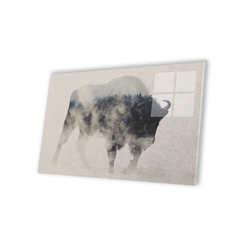 Bison dans le brouillard, impression sur verre acrylique, H 24 po x l 32 po x P 0,25 po