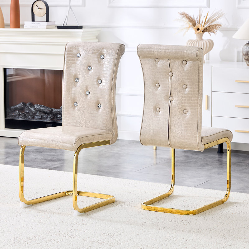 Modern Faux Leather Dining Chairs Set of 2, Glam Upholstered Side Chairs with Gold Bow Legs, Retro Kitchen Chairs with Alligator Pattern (Beige, Golden Plated Leg )
