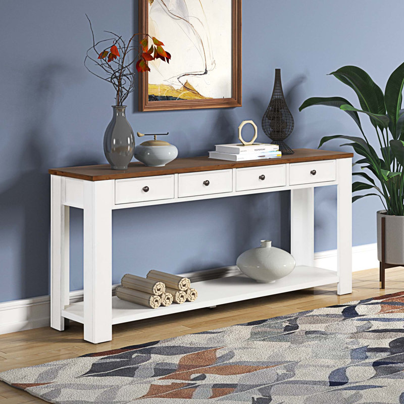 Console en bois de pin de 63 po avec 4 tiroirs et 1 tablette inférieure pour le couloir du hall d'entrée