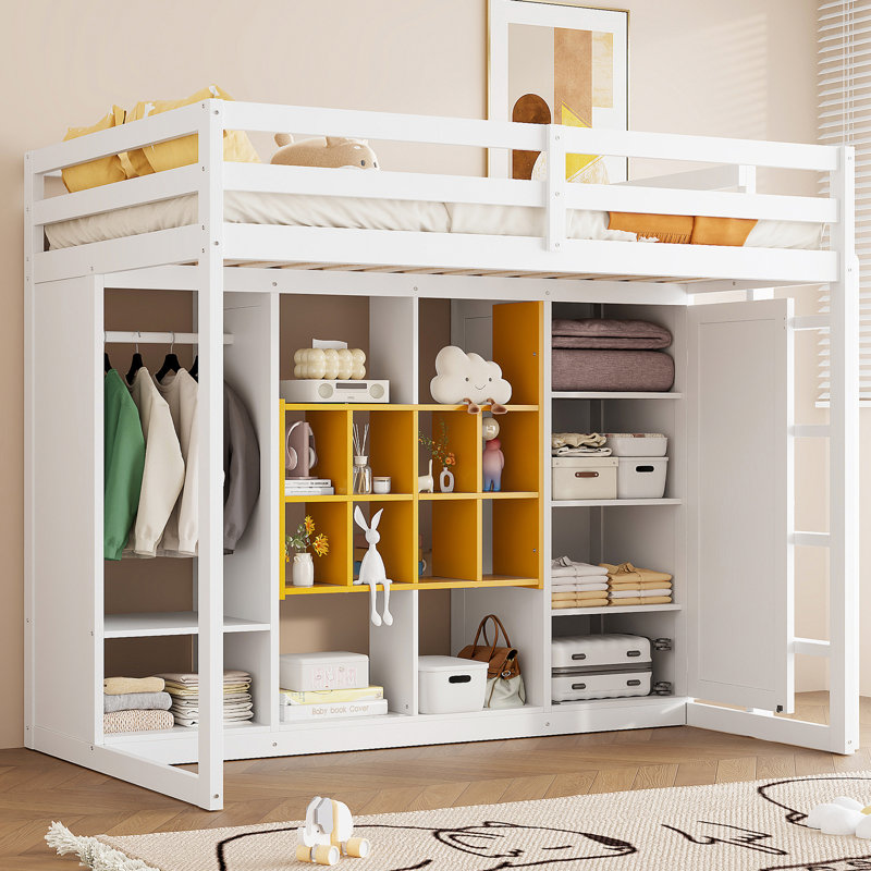Lit mezzanine simple pour enfants avec garde-robe, Jaune / Blanc