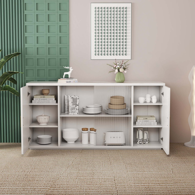 Armoires latérales modernes en bois avec 2 portes et 1 porte en verre, Blanc