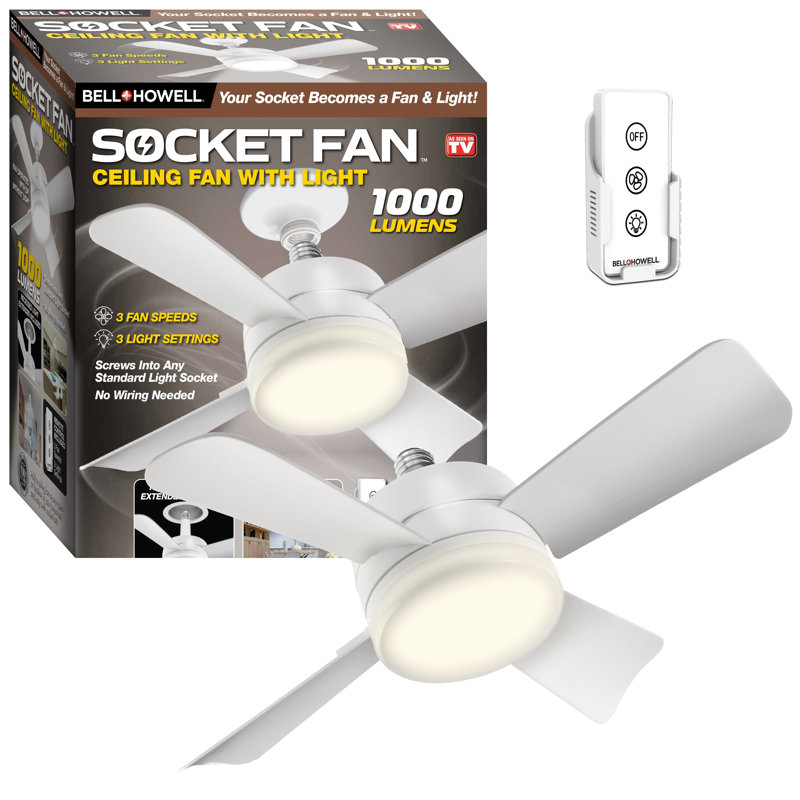 Bell + Howell Socket Fan Ceiling Fan with 1000 Lumens Warm Light, White