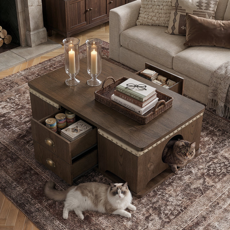 Table basse Harper Farmhouse avec 2 poufs en forme de maison pour chats et 4 tiroirs, Walnut
