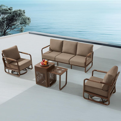 Outdoor Aluminum Patio Furniture Set, 5-Seats Patio Conversation Sofa Set with 2 Swivel Rocking Chairs and 45,000 BTU Fire Pit Table