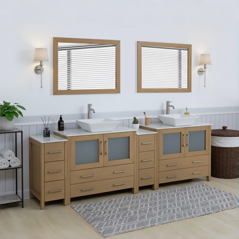  Ensemble de meuble-lavabo double encadré 96 "avec miroir, Chêne naturel