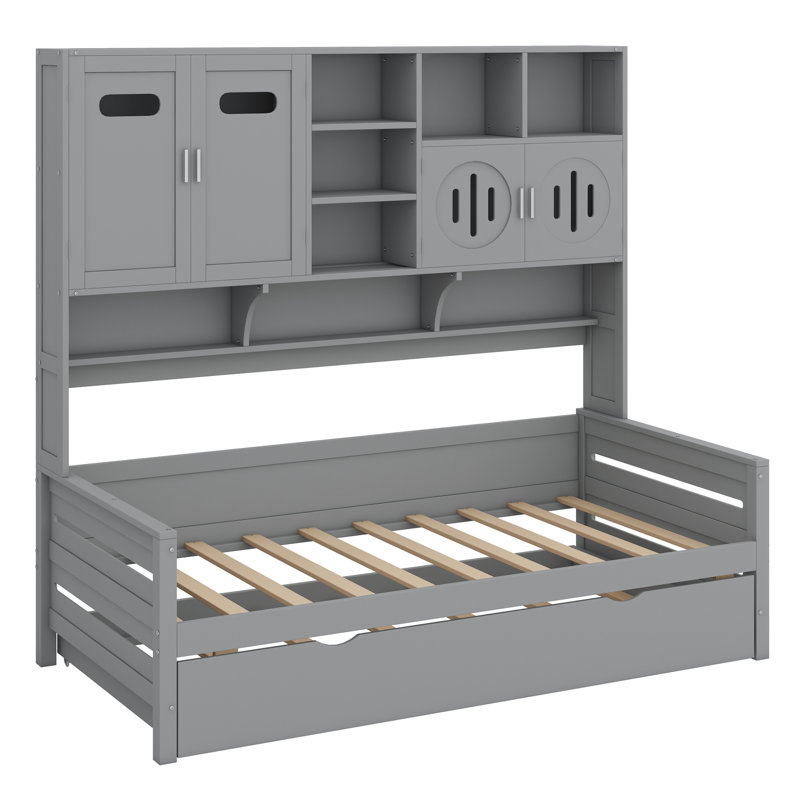 Wooden Daybed With Trundle,All-In-One Cabinet And Shelf, Gray, Twin