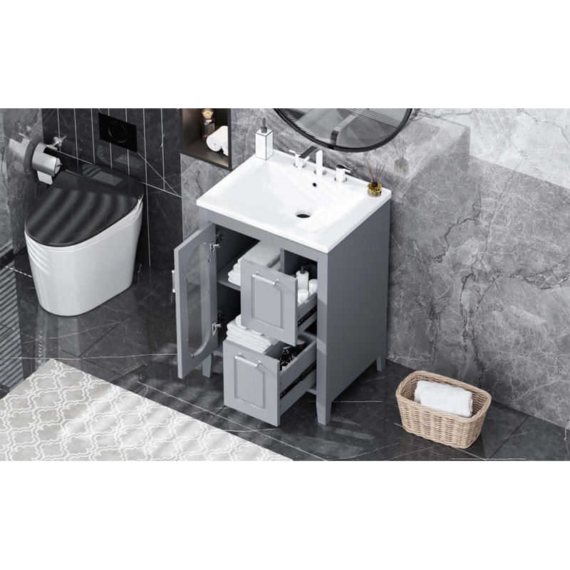 Meuble-lavabo 24 po avec lavabo, meuble-lavabo avec 2 tiroirs et porte, tablette réglable, Gris