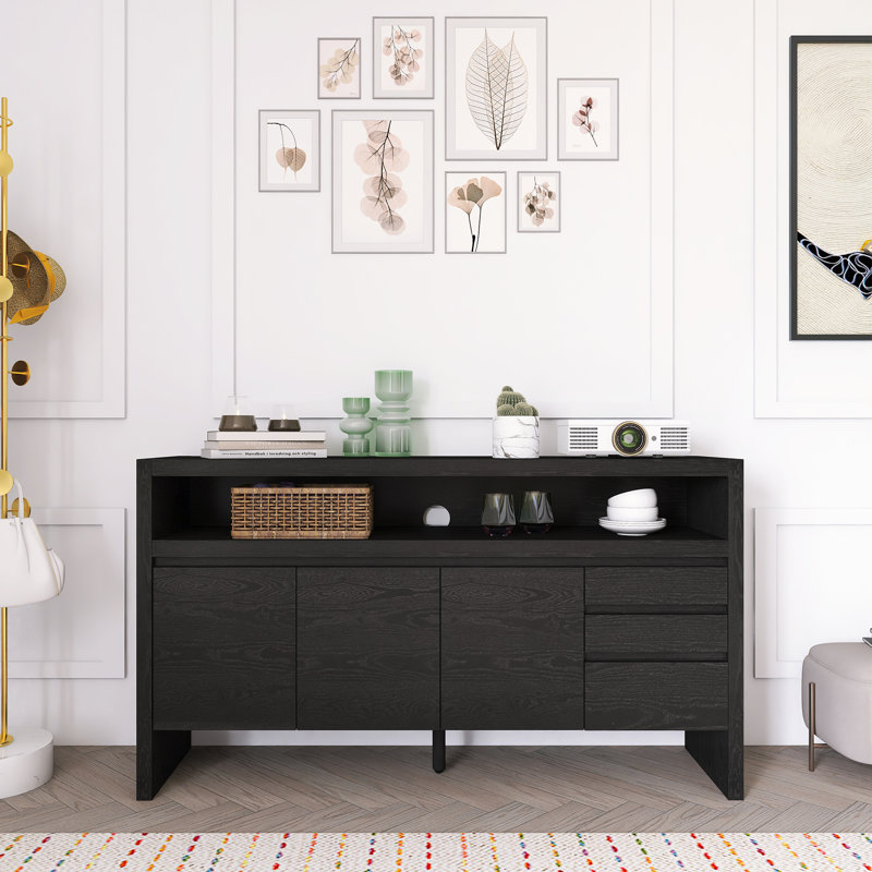 3-Door Sideboard With 3 Drawers - Modern Solid Ash Veneer MDF Sideboard, Black