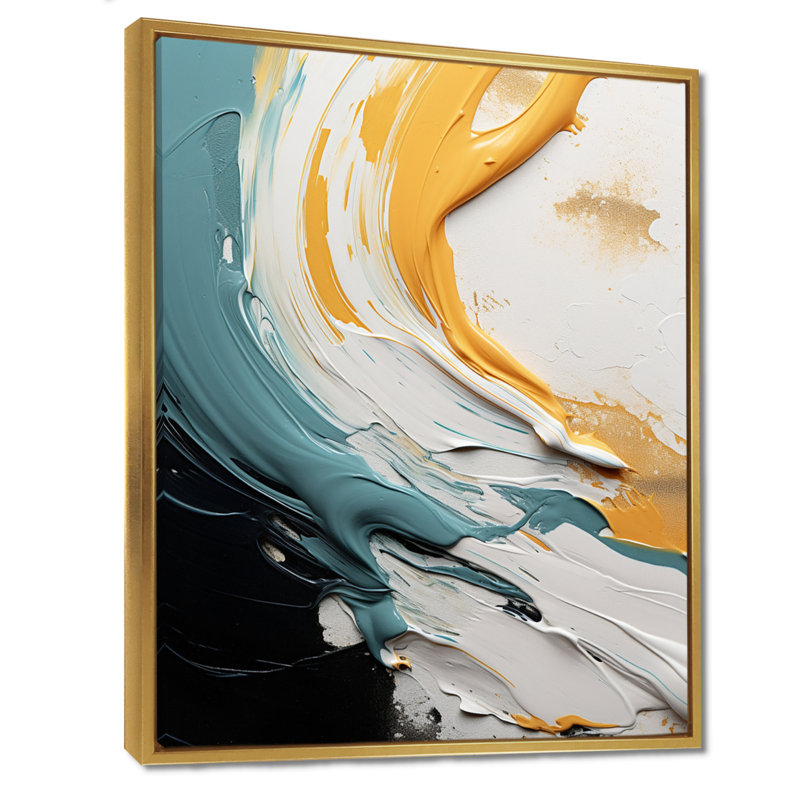 Éclaboussure jaune et une touche de bleu - art mural salon Vagues, Cadre flottant doré, H 20 po x l 12 po