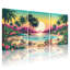 Ensemble de 3 tableaux sur toile représentant un coucher de soleil sur une plage tropicale, avec palmiers et fleurs.-1087649166
