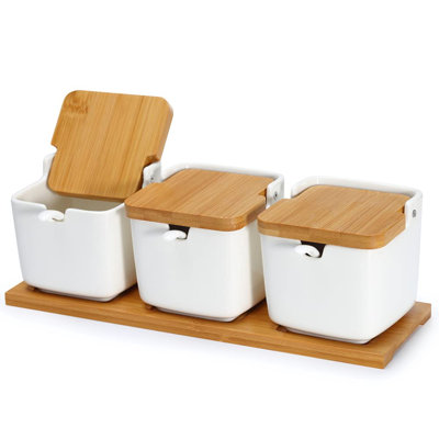 Set Of 3 Porcelain Sugar Bowl, 8.8 Fl Oz Condiment Pots With Spoons Bamboo Flip Lids Labels, Spice Salt Tray Serving For Home Kitchen